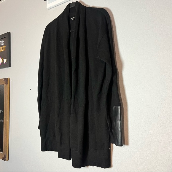 Worth Black Open Front Wool Knit Cardigan Sweater Size Small Leather Detail Long - Picture 1 of 10